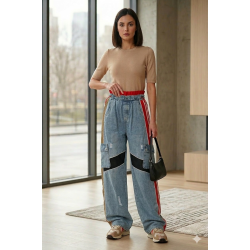 Blugi damă largi cu talie înaltă elastică – stil urban cu dungi laterale, L/XL