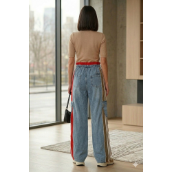 Blugi damă largi cu talie înaltă elastică – stil urban cu dungi laterale, L/XL