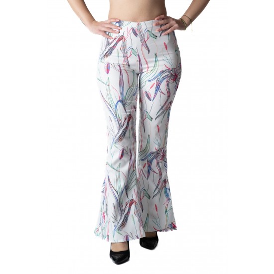 Pantaloni Dama Albi Evazati Cu Motive Florale Pantaloni Dama Albi Evazati Cu Motive Florale