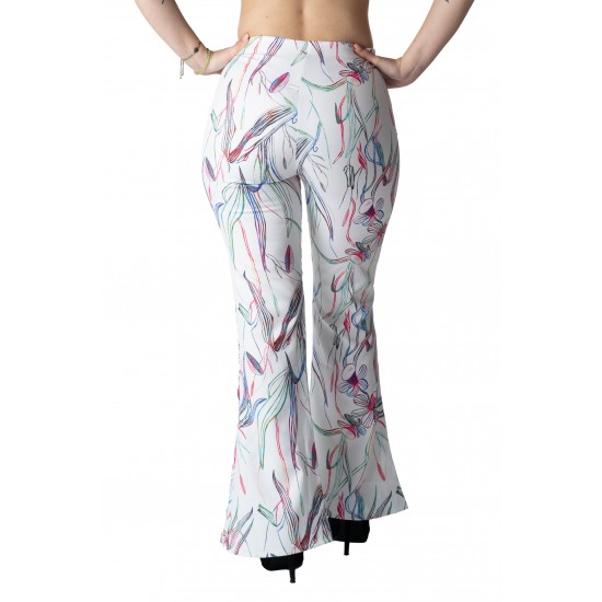 Pantaloni Dama Albi Evazati Cu Motive Florale Pantaloni Dama Albi Evazati Cu Motive Florale