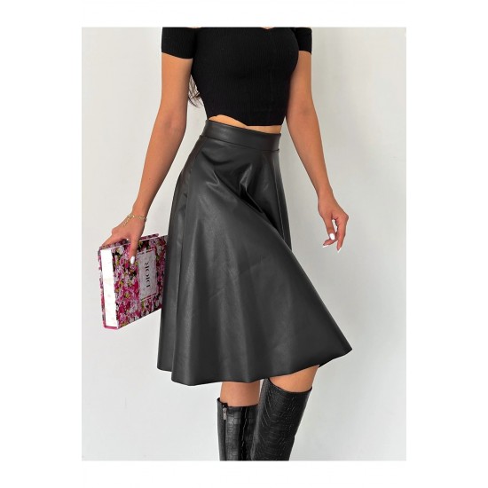 Fusta din piele ecologica de culoare neagra, tip clos, Eleanor Fusta din piele ecologica de culoare neagra, tip clos, Eleanor