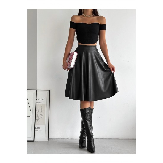 Fusta din piele ecologica de culoare neagra, tip clos, Eleanor Fusta din piele ecologica de culoare neagra, tip clos, Eleanor