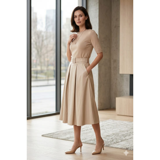 Fustă midi crem din piele ecologică – mărime mare, talie elastică și curea inclusă one size