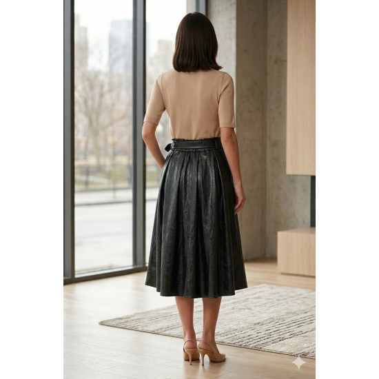 Fustă midi neagra din piele ecologică – mărime mare, talie elastică și curea inclusă one size