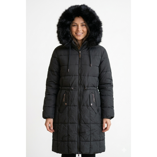 Geaca damă neagră lungă matlasată cu glugă și blană detașabilă