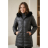 Geacă damă neagra matlasată cu glugă și blană, căptușită, închidere fermoar