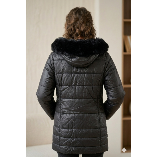 Geacă damă neagra matlasată cu glugă și blană, căptușită, închidere fermoar