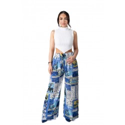 Pantaloni Dama Largi Din Bumbac Albastru cu Alb Indira Marime Mare