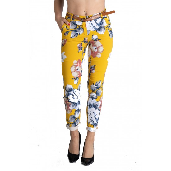 Pantaloni Dama Eleganti Caroline,Galbeni Motive Florale Pantaloni Dama Eleganti Caroline,Galbeni Motive Florale