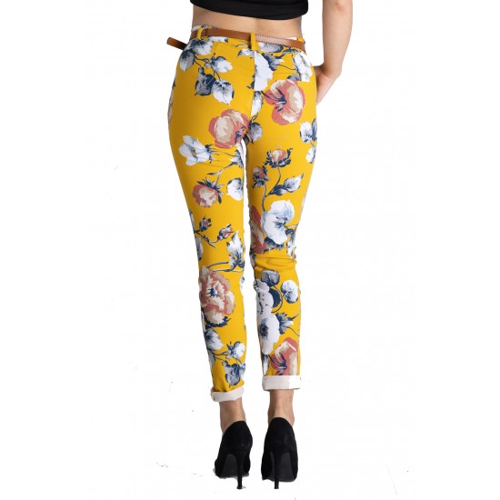 Pantaloni Dama Eleganti Caroline,Galbeni Motive Florale Pantaloni Dama Eleganti Caroline,Galbeni Motive Florale
