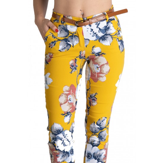 Pantaloni Dama Eleganti Caroline,Galbeni Motive Florale Pantaloni Dama Eleganti Caroline,Galbeni Motive Florale