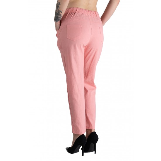 Pantaloni Dama Din Panza Topita Bumbac Cu Siret In Talie,Roz,Marime Mare Pantaloni Dama Din Panza Topita Bumbac Cu Siret In Talie,Roz,Marime Mare