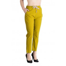 Pantaloni Dama Antonia din  Bumbac  Racoros de Vara, asemanator Tesaturii de In, Cu Siret In Talie,Galben Mustar