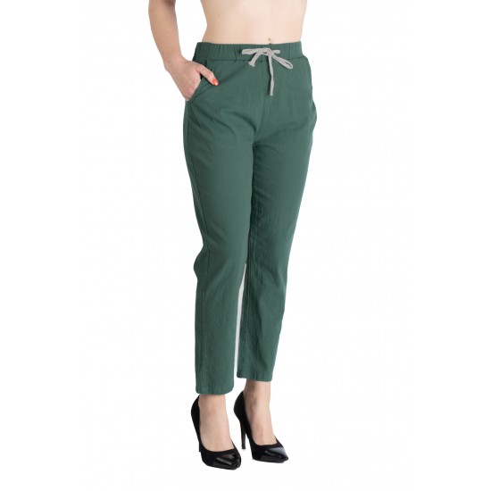 Pantaloni Dama  Antonia Din  Bumbac  racoros de vara Cu Siret In Talie,Verde Inchis