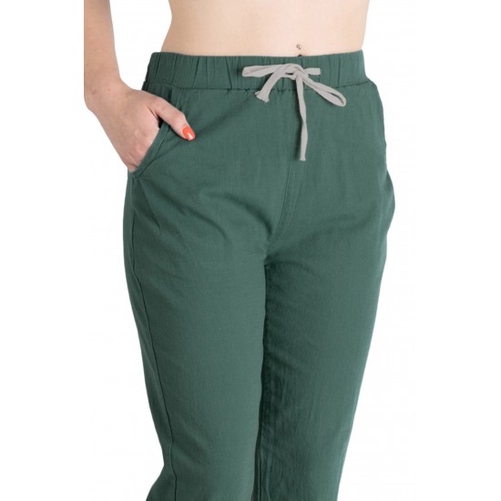 Pantaloni Dama  Antonia Din  Bumbac  racoros de vara Cu Siret In Talie,Verde Inchis
