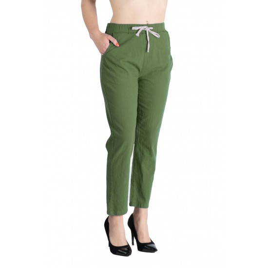 Pantaloni Dama Antonia Din Bumbac  răcoros de vara Cu Siret In Talie,Verde Kaki