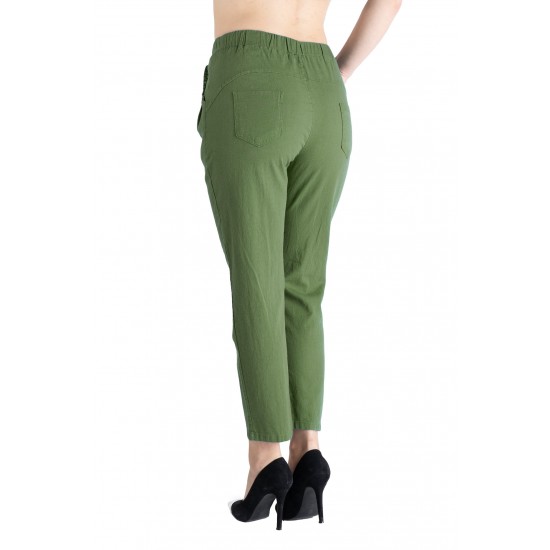 Pantaloni Dama Antonia Din Bumbac  răcoros de vara Cu Siret In Talie,Verde Kaki