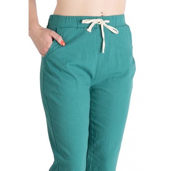 Pantaloni Dama Din Panza Topita Bumbac Cu Siret In Talie,Verzi Pantaloni Dama Din Panza Topita Bumbac Cu Siret In Talie,Verzi