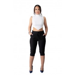 Pantaloni Dama Masura Mare Trei Sferturi 3/4, Negri,Cu Dunga Alba lateral