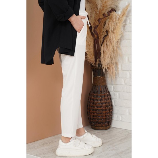 Pantaloni Dama Gabriella Cu Elastic In Talie, Albi