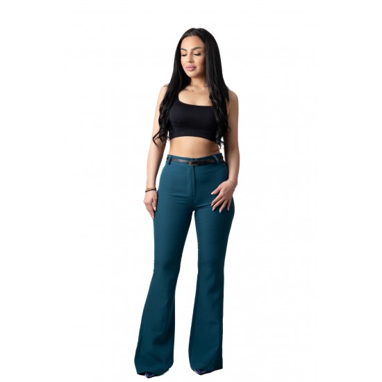 Pantaloni Eleganti Evazati cu Talie Inalta Verde Francesca Pantaloni Eleganti Evazati cu Talie Inalta Verde Francesca