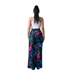 Pantaloni Dama Largi Din Bumbac Negru cu Albastru si roz Indira