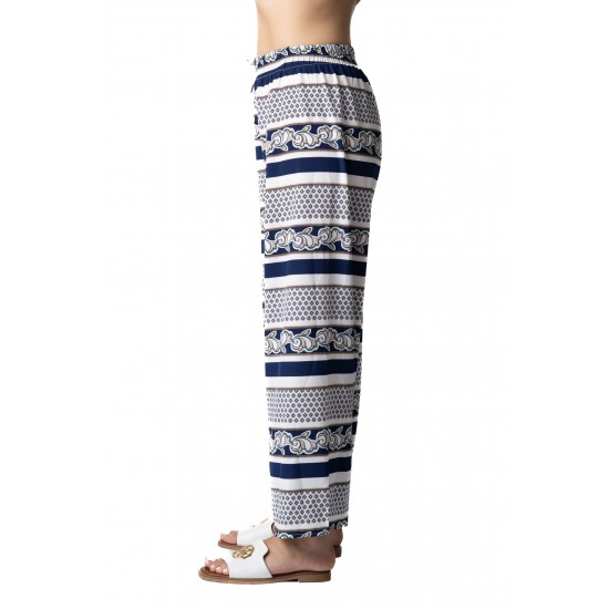 Pantaloni Dama Largi Vaporosi pentru Zilele Calde, Albastru cu alb