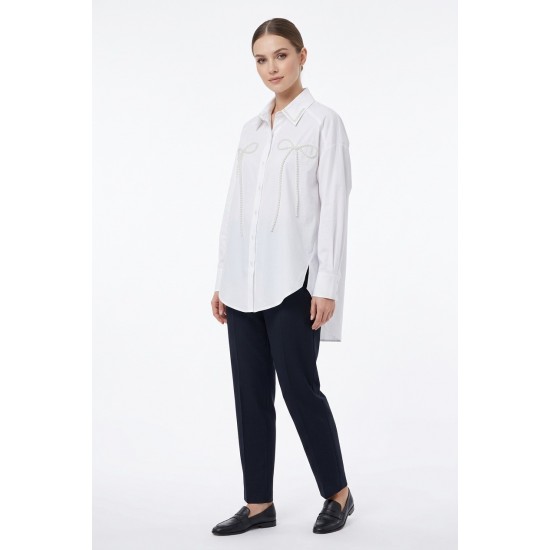 Cămașă Albă Bumbac 100% cu Mărgele Fundă și Guler Elegant Cămașă Albă Bumbac 100% cu Mărgele Fundă și Guler Elegant