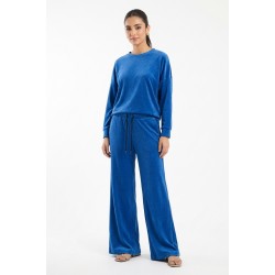 Compleu Dama Catifea Albastra, Bluza Gluga & Pantaloni Conici Compleu Dama Catifea Albastra, Bluza Gluga & Pantaloni Conici