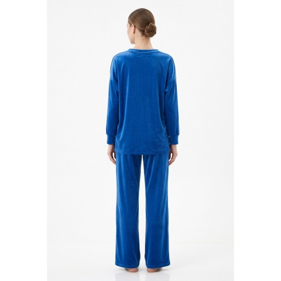 Compleu Dama Catifea Albastra, Bluza Gluga & Pantaloni Conici Compleu Dama Catifea Albastra, Bluza Gluga & Pantaloni Conici