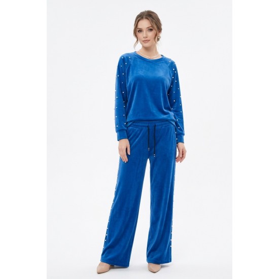 Compleu Dama Catifea Albastru cu Perle | Talie 105-130, Bust 135 Compleu Dama Catifea Albastru cu Perle | Talie 105-130, Bust 135
