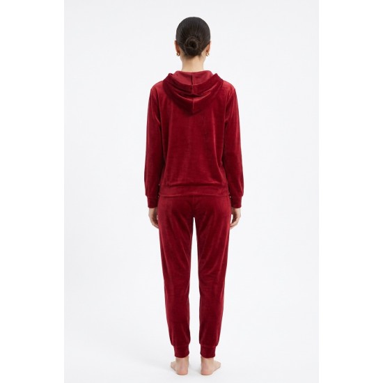 Compleu Dama Catifea Grena cu Gluga si Pantaloni Conici - Chic & Confort