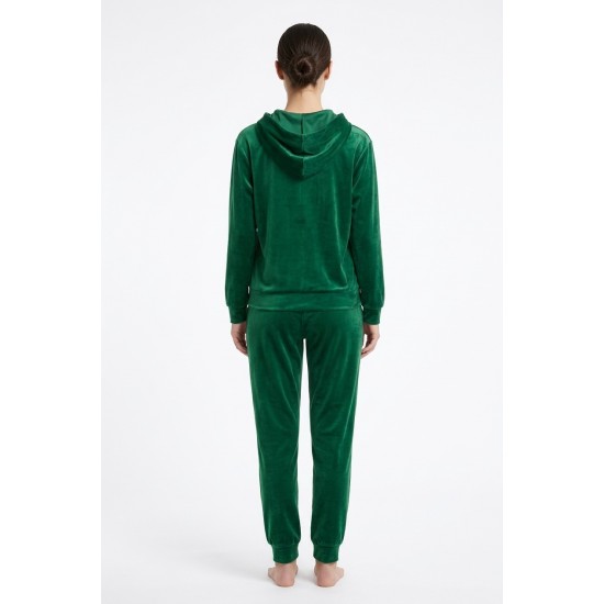 Compleu Dama Verde Catifea, Bluza Gluga & Pantaloni Conici