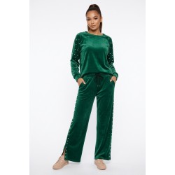Compleu Dama Verde Catifea cu Perle, Bluza & Pantaloni Drept Compleu Dama Verde Catifea cu Perle, Bluza & Pantaloni Drept