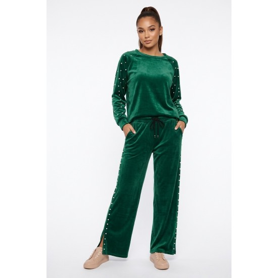 Compleu Dama Verde Catifea cu Perle, Bluza & Pantaloni Drept Compleu Dama Verde Catifea cu Perle, Bluza & Pantaloni Drept