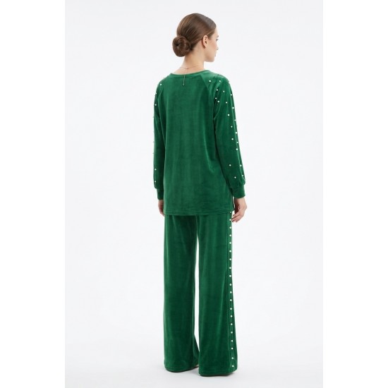 Compleu Dama Verde Catifea cu Perle, Bluza & Pantaloni Drept Compleu Dama Verde Catifea cu Perle, Bluza & Pantaloni Drept