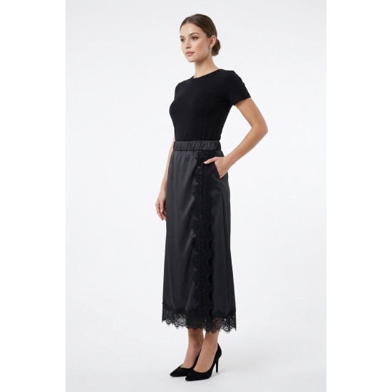 Fusta Lunga Neagra Piele Ecologica cu Dantela | Talie 95-120