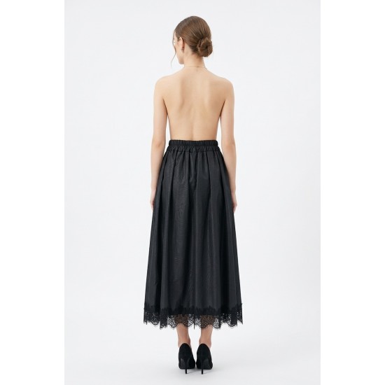 Fusta Lunga Neagra Piele Ecologica cu Dantela | Talie 95-120