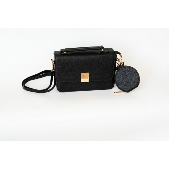 Geantă Crossbody Neagră Piele Ecologică cu Breloc Portofel Chic