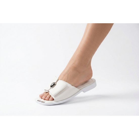 Papuci Albi Damă Comozi Piele Ecologică Talpă Cauciuc