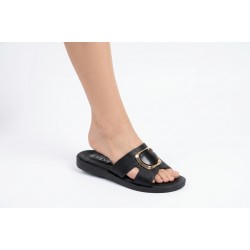 Papuci Damă Negri Comozi din Piele Ecologică, Talpă Cauciuc