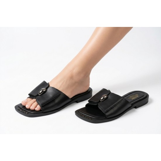 Papuci Negri Damă Comod din Piele Ecologică cu Talpă Cauciuc