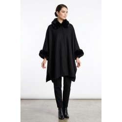 Poncho Negru Dama cu Gluga, Blana si Captuseala Calduroasa Poncho Negru Dama cu Gluga, Blana si Captuseala Calduroasa
