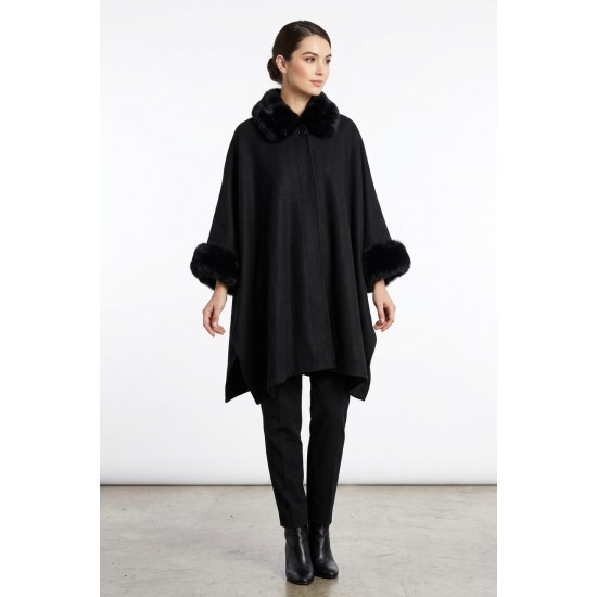 Poncho Negru Dama cu Gluga, Blana si Captuseala Calduroasa Poncho Negru Dama cu Gluga, Blana si Captuseala Calduroasa