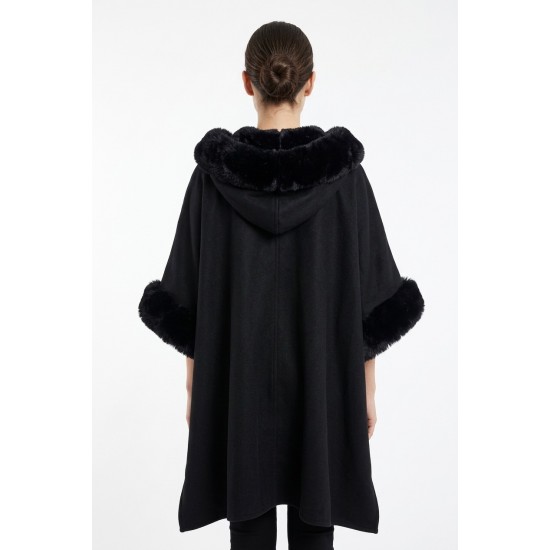 Poncho Negru Dama cu Gluga, Blana si Captuseala Calduroasa Poncho Negru Dama cu Gluga, Blana si Captuseala Calduroasa