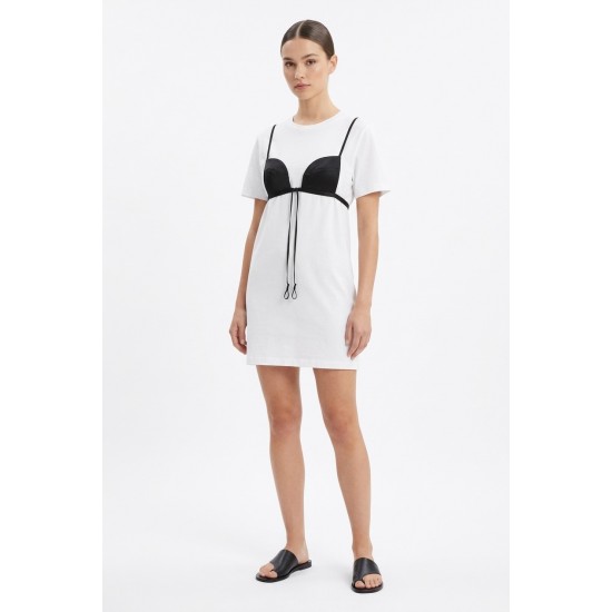 Rochie Albă Bumbac cu Sutien Negru Aplicat - Lungime 98cm, Bust 120cm