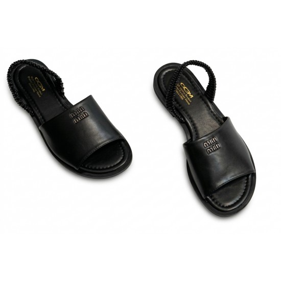 Sandale Negre Elegante cu Baretă Elastică, Piele Ecologică