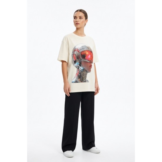 Tricou Alb Dama Bumbac 100% cu Imprimeu Strasuri Stil Coreean Tricou Alb Dama Bumbac 100% cu Imprimeu Strasuri Stil Coreean