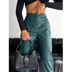 Pantaloni Din Piele Ecologica Gianna Verde Cu Pliuri In Talie