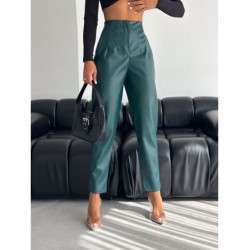 Pantaloni Din Piele Ecologica Gianna Verde Cu Pliuri In Talie